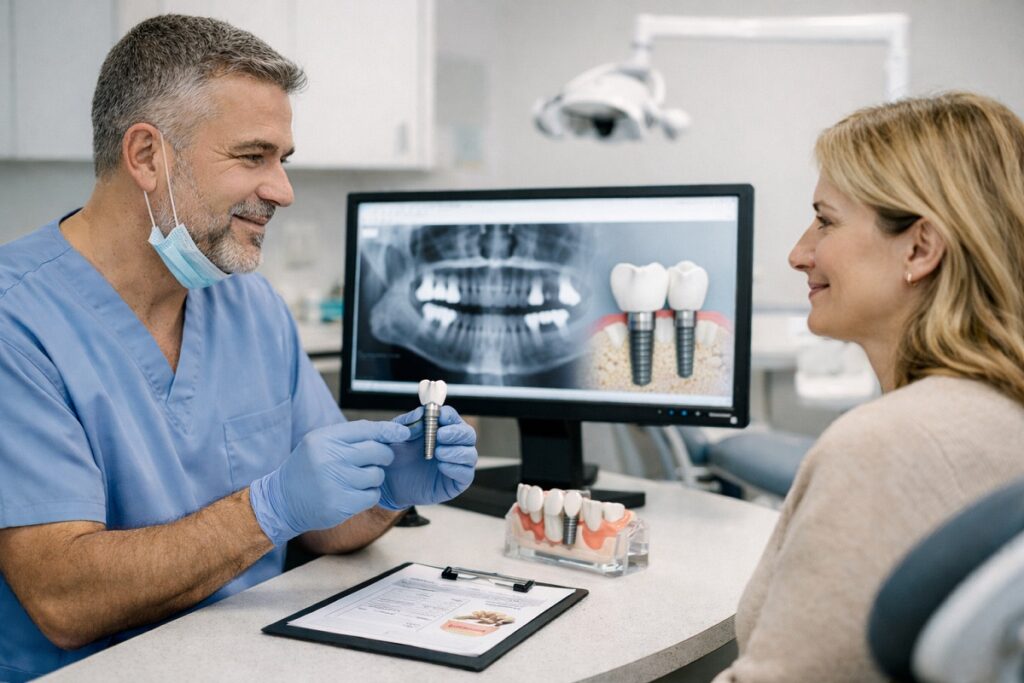 Dentist explaining dental implant treatment to a patient in a modern dental office using an implant model and digital X-ray on a monitor.