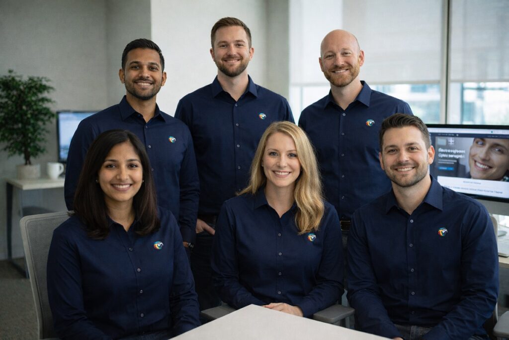Parrot Branding team members wearing navy collared shirts with company logo collaborating in a modern marketing office serving dental implant practices