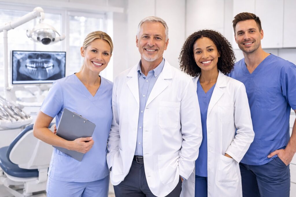Dental implant team standing together in a modern dental clinic, representing a professional implant practice.