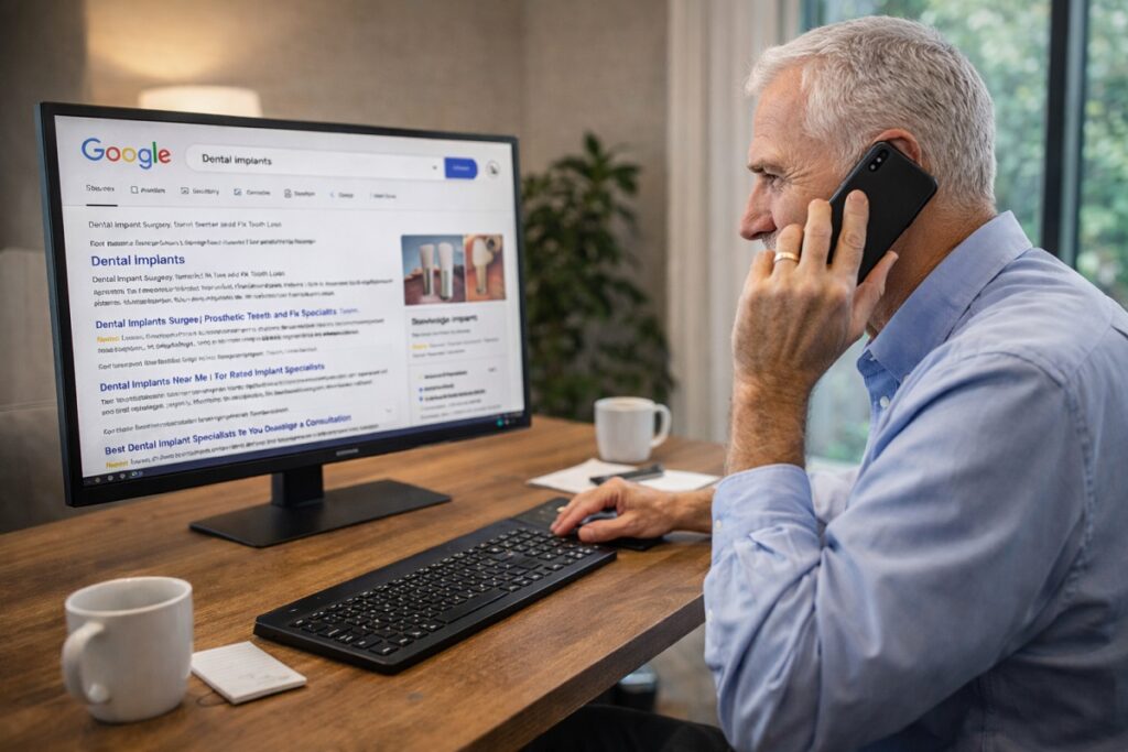 A patient researching dental implants on Google and calling a dental implant practice after finding treatment options online