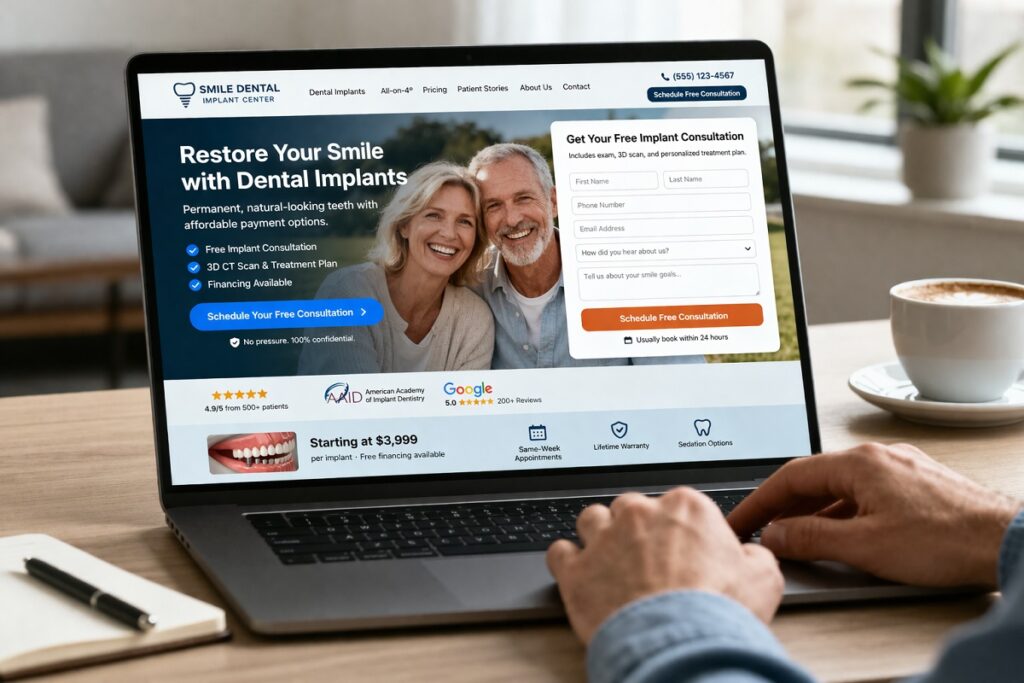 Dental implant website on laptop with consultation form designed for high conversion rates