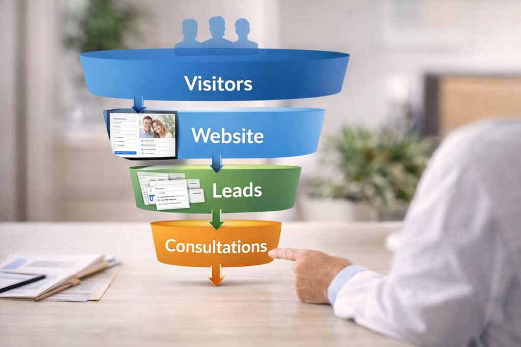 Dental implant lead generation funnel showing visitor to consultation conversion process