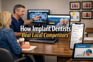 Implant dentist consulting with patient while reviewing dental implant results and marketing tools