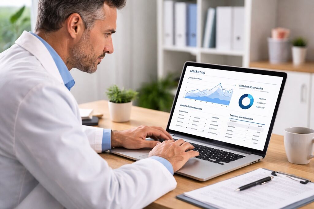 Dentist reviewing dental marketing performance on laptop with analytics dashboard and lead tracking data