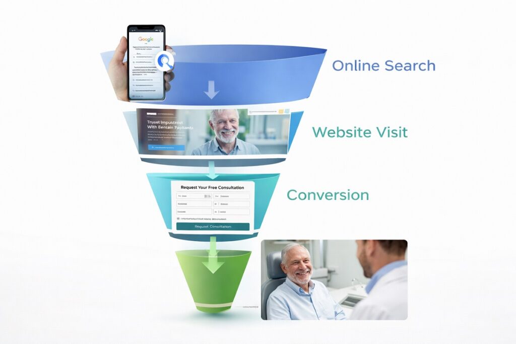 Dental implant marketing funnel showing patient journey from Google search and website visit to consultation and treatment