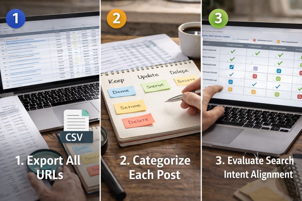 Step by step blog content audit process showing URL export, post categorization, and search intent evaluation on laptop screens