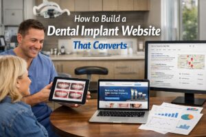Dental implant website design with dentist consulting patient and implant marketing visuals on screens