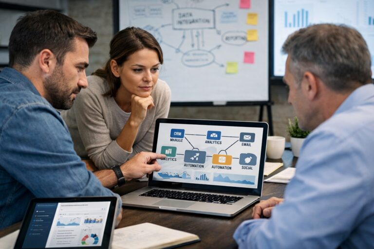 Marketing team reviewing tools while planning how to consolidate your martech stack without disruption