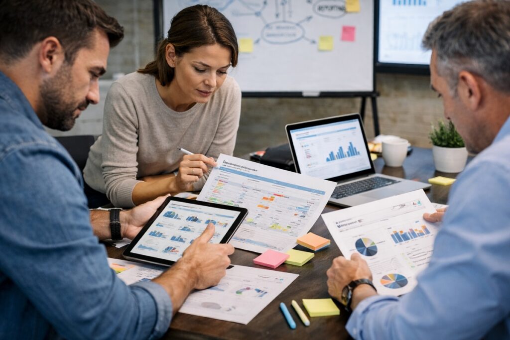 Marketing team reviewing analytics reports and software dashboards to identify redundant and underutilized martech tools