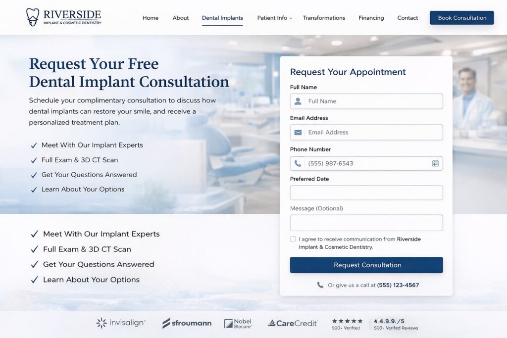 Dental implant consultation booking page with online appointment form, clean navigation, and patient-focused layout for scheduling implant consultations