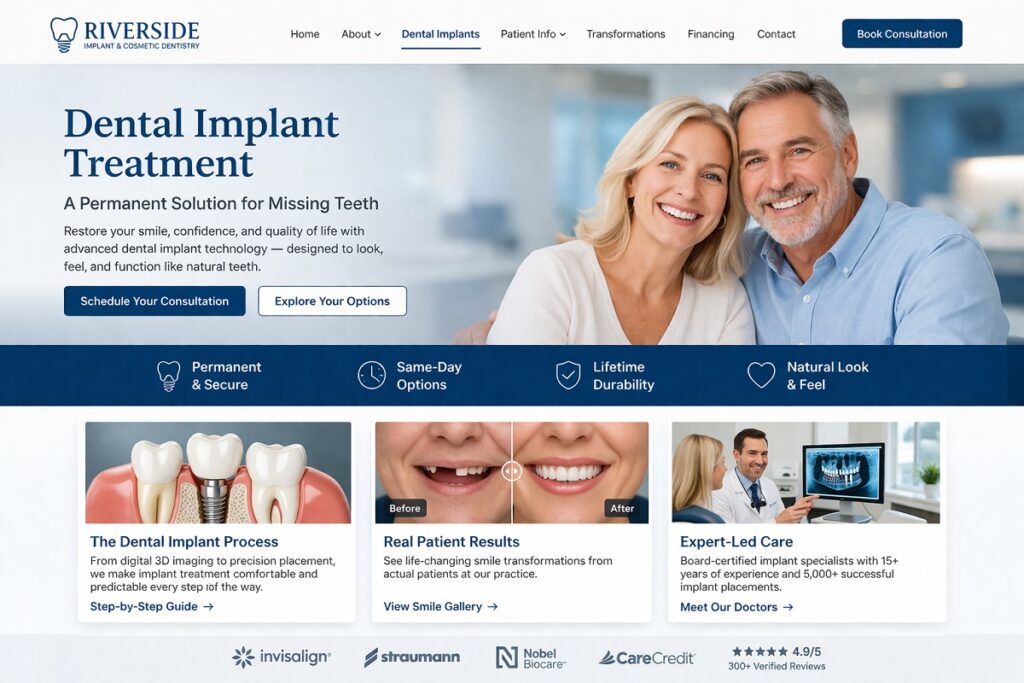 Dental implant treatment website page with professional navigation, patient-focused layout, consultation call-to-action, and service sections for implants, results, and financing