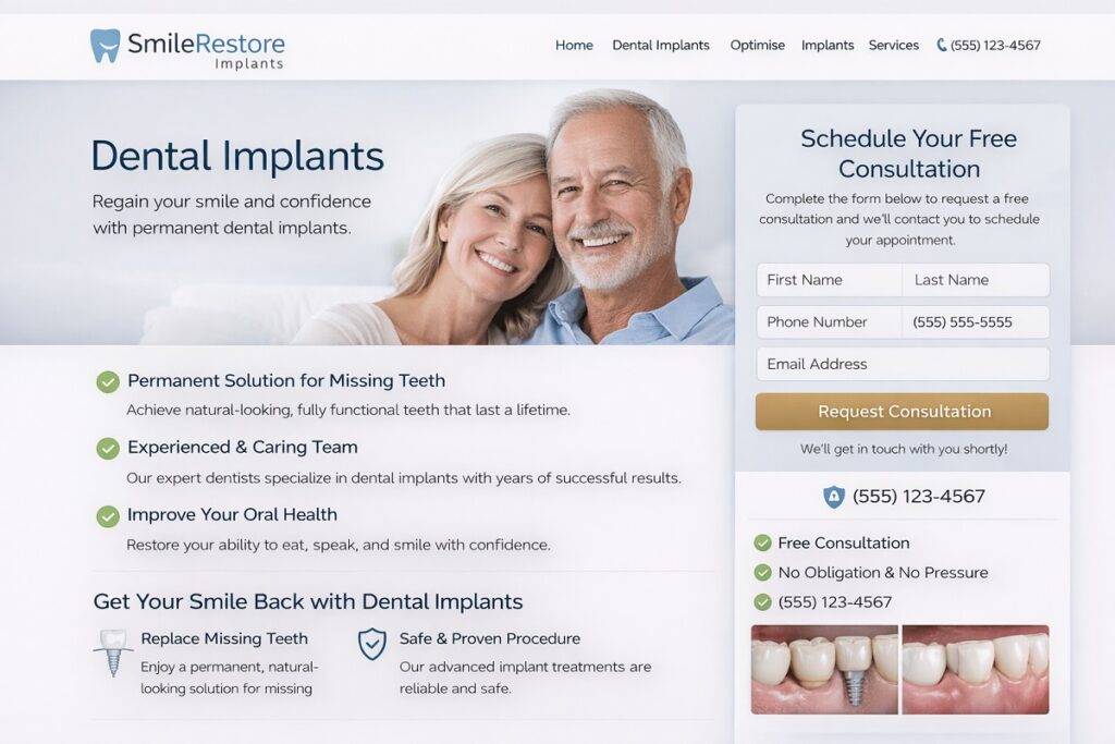 Dental implant landing page with consultation form phone number fields and clear call to action for lead generation