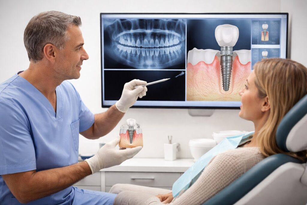 Dentist explaining dental implant treatment plan to patient using digital imaging and visual case presentation