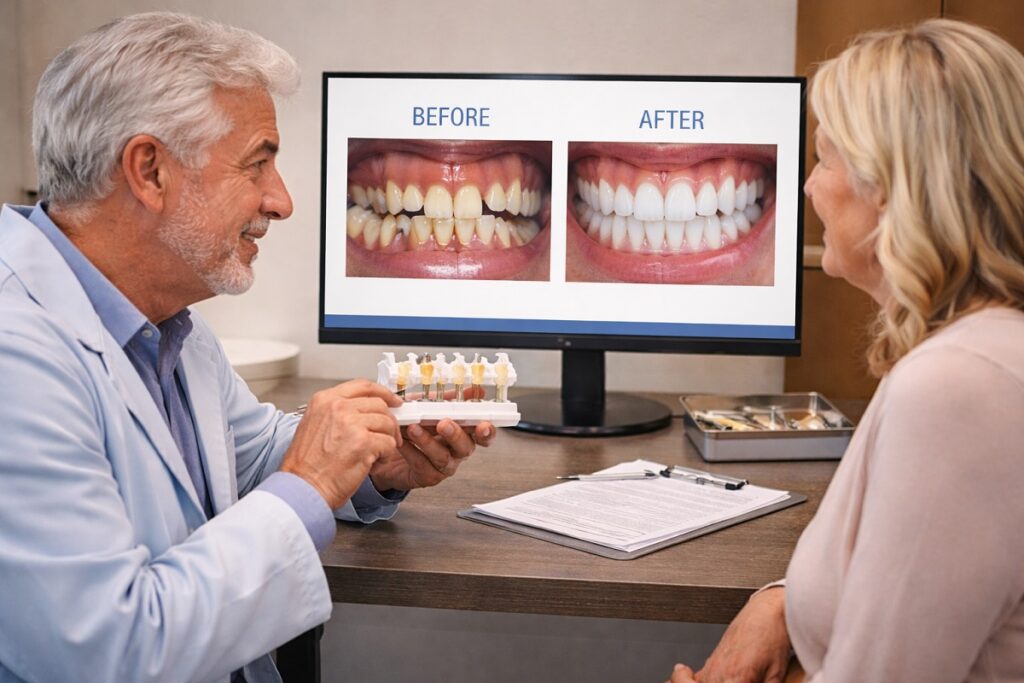 Implant dentist showing before and after dental implant results to patient during consultation
