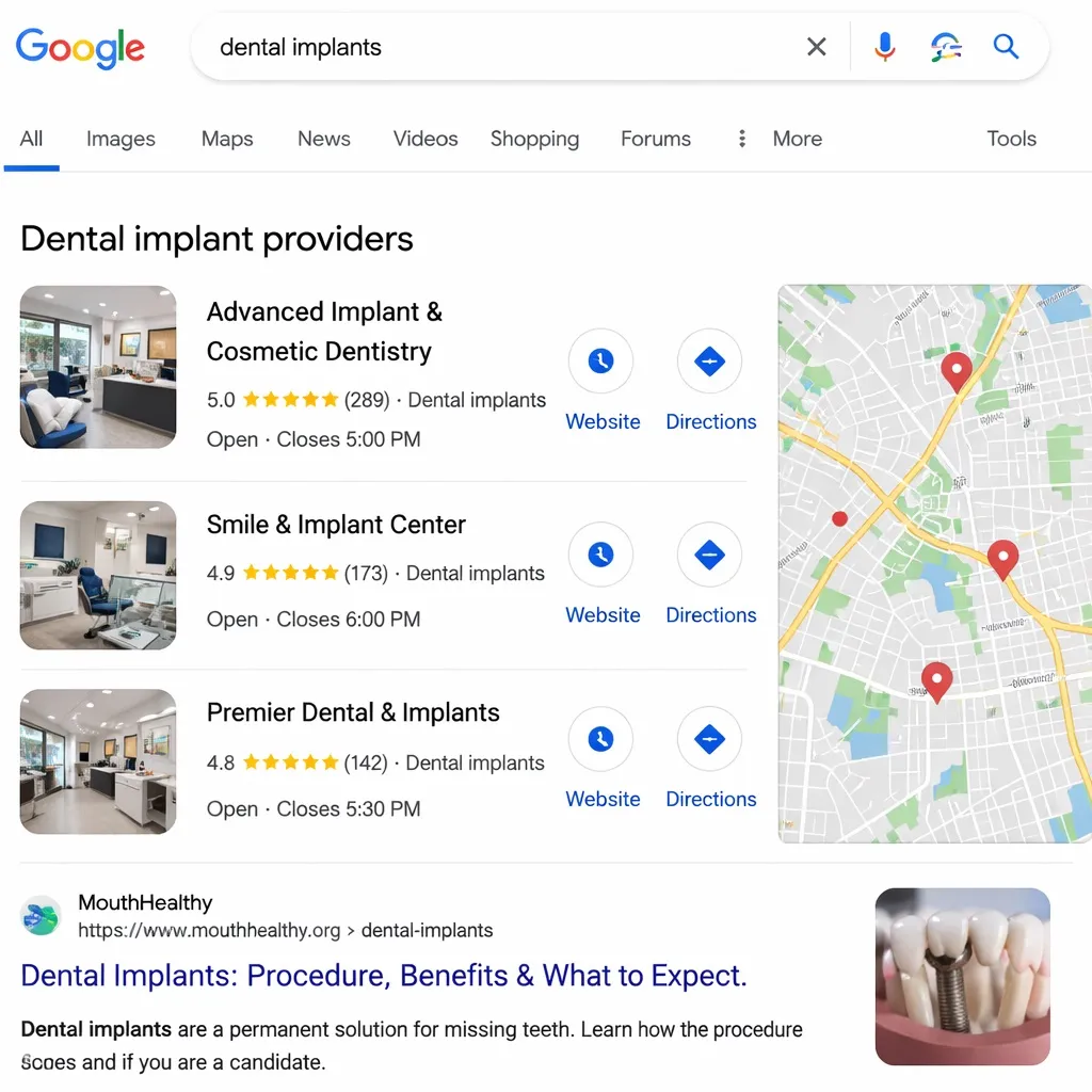 Google search results for dental implants showing local map listings and implant dentists for SEO visibility