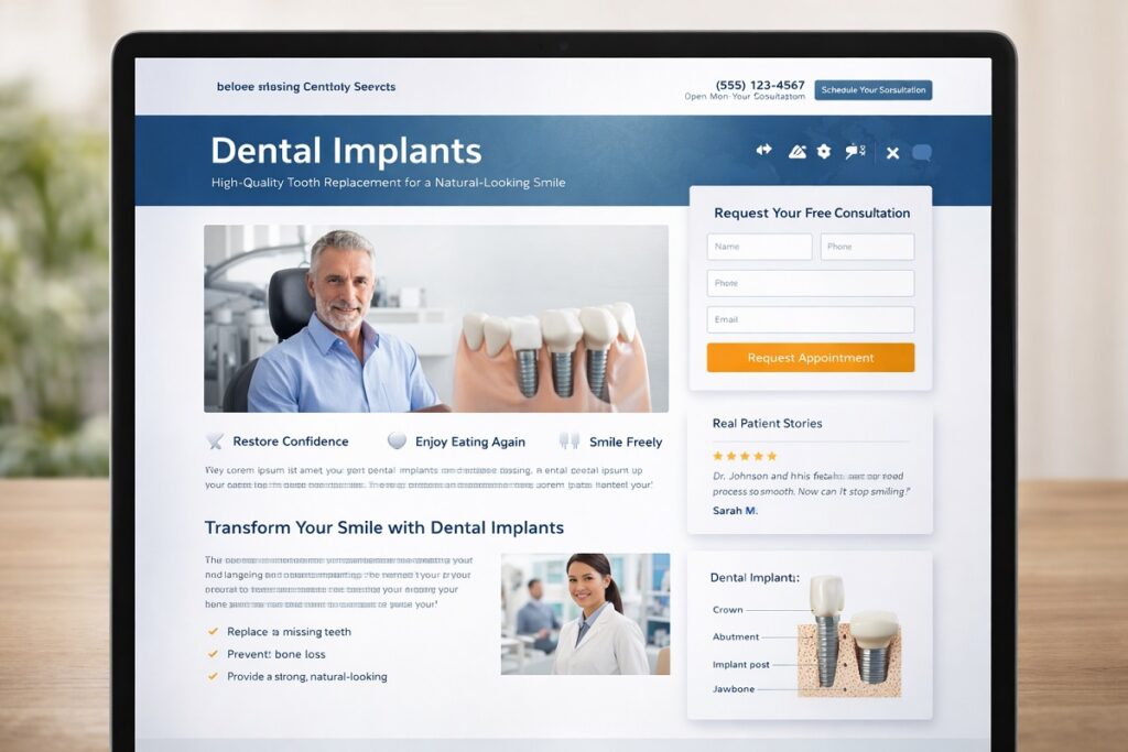 High converting dental implant service page layout with consultation form and patient focused content