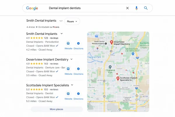 Google map pack showing dental implant dentists with local SEO listings and reviews