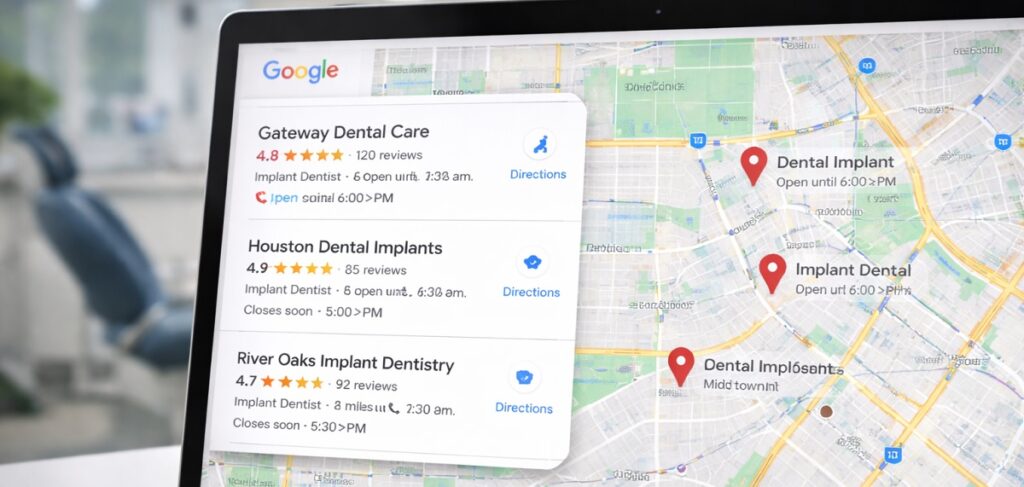 Google Maps results showing nearby dental implant dentists and local implant dentistry listings.