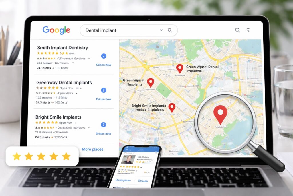 Google Maps search results showing nearby dental implant providers with location pins and local business listings on a laptop screen.