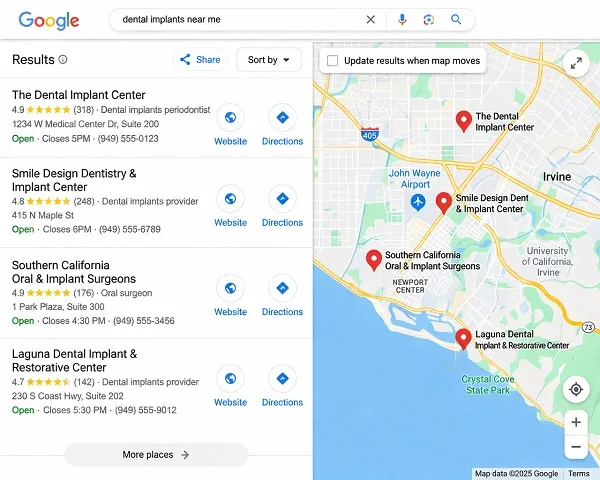 Google Maps search results for dental implants near me showing local implant dentists with ratings, reviews, and map listings
