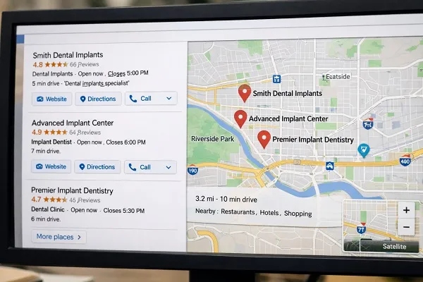 Google Maps search results showing dental implant providers with local listings, ratings, and map pins for nearby implant dentists