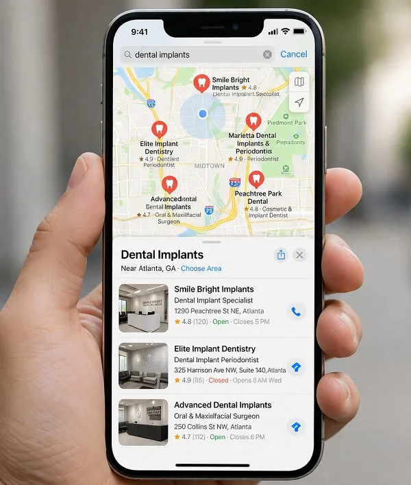 Apple Maps dental implant search results on smartphone showing local implant providers, map pins, ratings, and nearby clinic listings