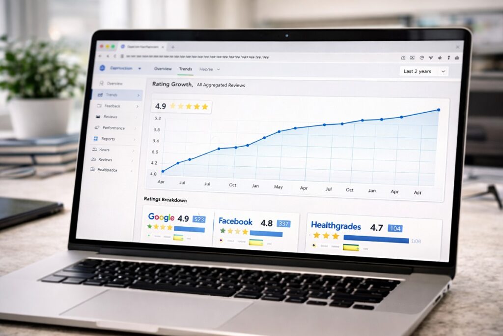 Dental reputation management dashboard showing increasing review ratings and growth across platforms