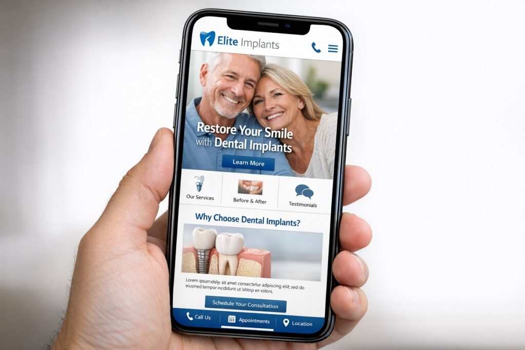Mobile dental implant website design on smartphone showing clean navigation, consultation call-to-action, and patient-focused layout