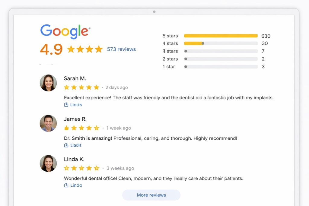 Google reviews display showing five-star ratings, patient testimonials, and review distribution for a dental implant clinic