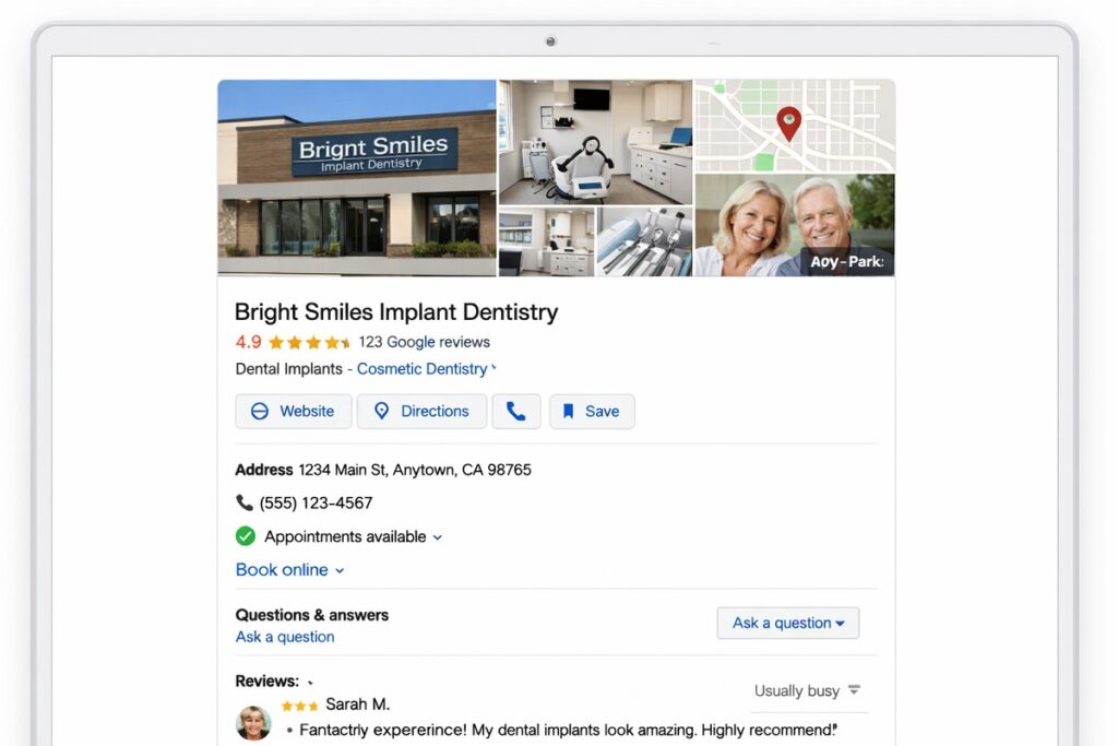 Google Business Profile for dental implant practice showing reviews, services, location, and patient engagement features
