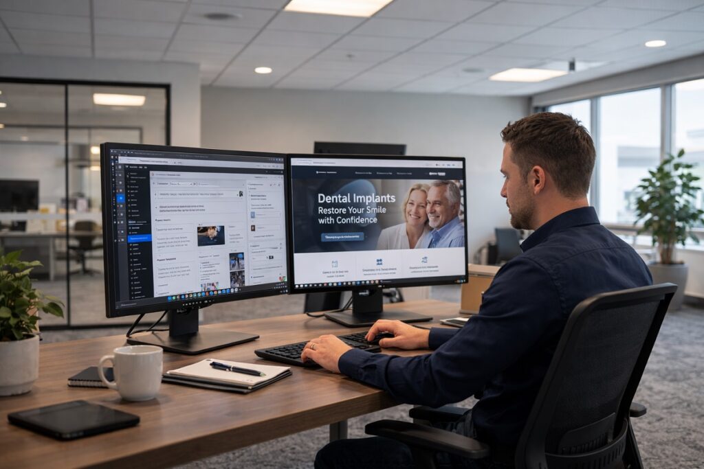 Parrot Branding specialist building a dental implant website using WordPress with dual monitors showing site editor and live page preview