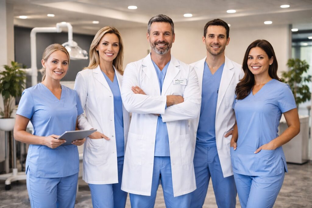 Dental implant team standing together inside a modern dental clinic representing specialized implant practice expertise