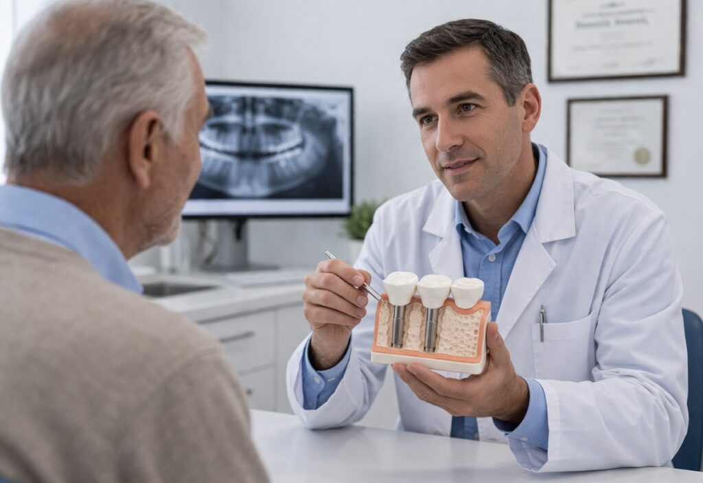 Dentist explaining dental implant procedure to senior patient using a dental model