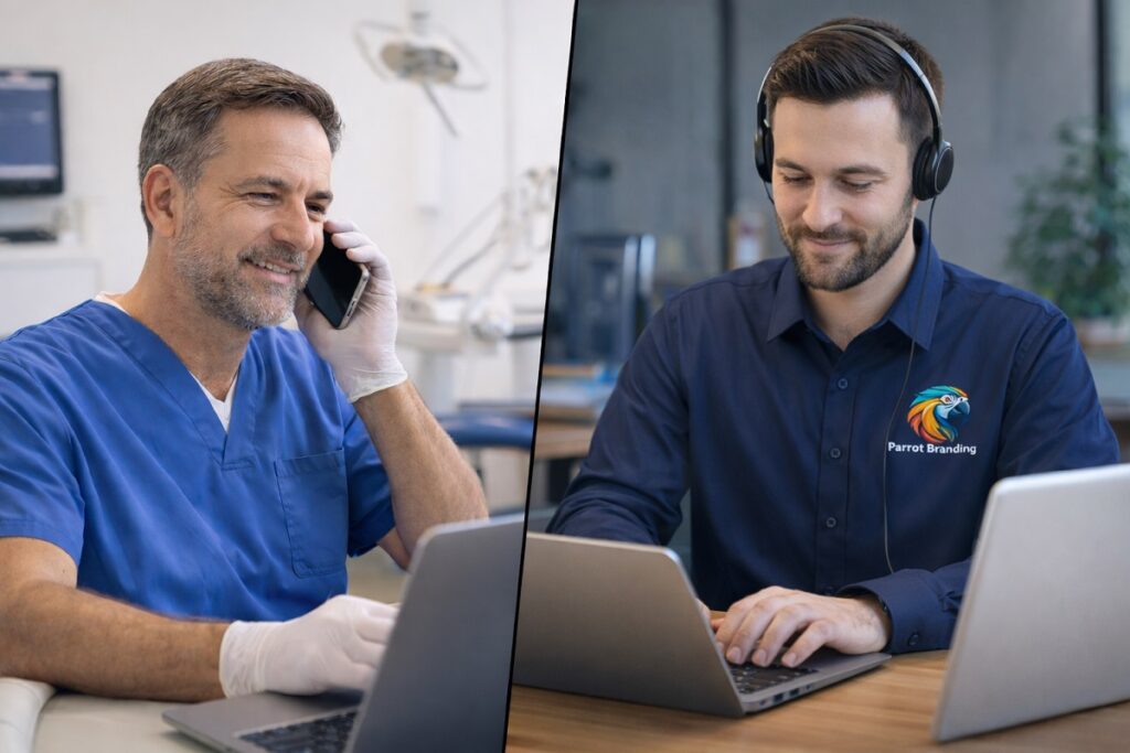 Dental implant dentist speaking on the phone during a consultation while a Parrot Branding digital marketing consultant types on a laptop with a small company logo on his dress shirt.