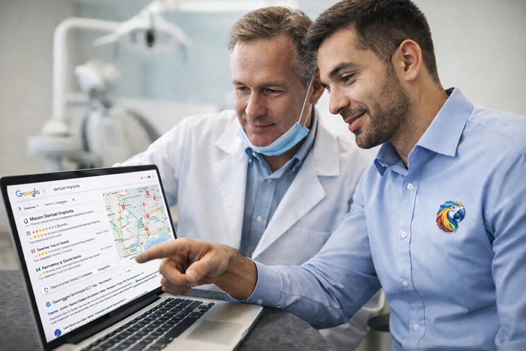 Dental implant doctor reviewing Google search results and Google Maps local listings with Parrot Branding digital marketing strategist during SEO consultation