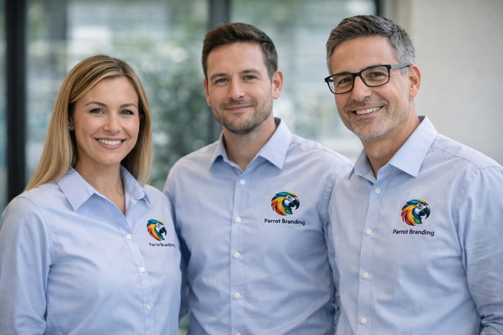 Parrot Branding team wearing professional collared shirts with logo, representing dental marketing experts in a modern office setting