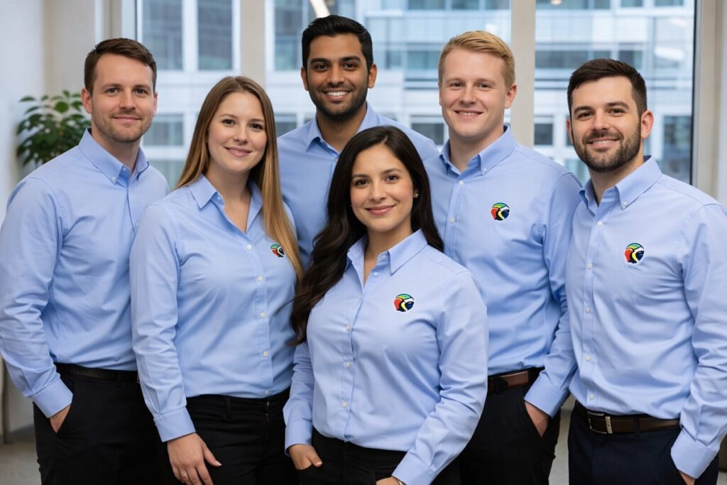 Team of professionals wearing light blue branded shirts with Parrot Branding logo in a modern office setting