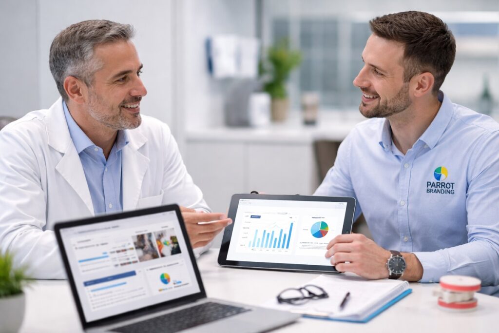 Dental implant doctor consulting with a Parrot Branding marketing specialist about website and SEO strategy.