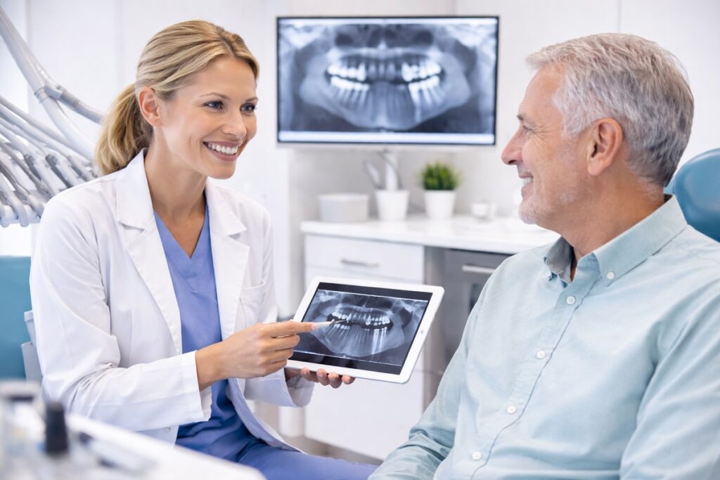 Dentist reviewing a dental X-ray with a patient during a consultation about dental implant treatment in a modern clinic.