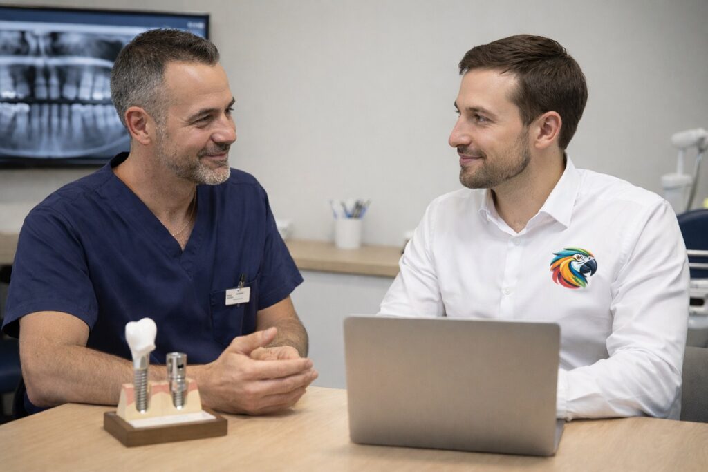 Dental implant doctor meeting with a marketing specialist wearing a Parrot Branding logo shirt during a consultation in a dental office