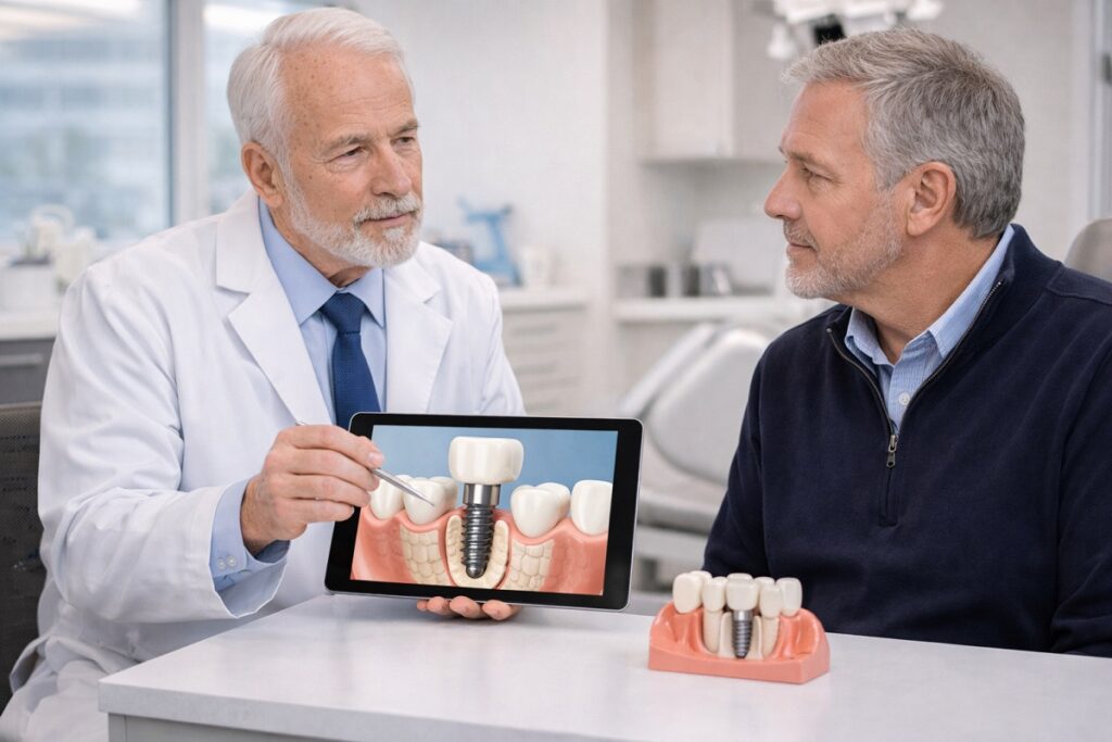 Senior dentist explaining dental implant treatment on tablet to middle-aged male patient in dental office