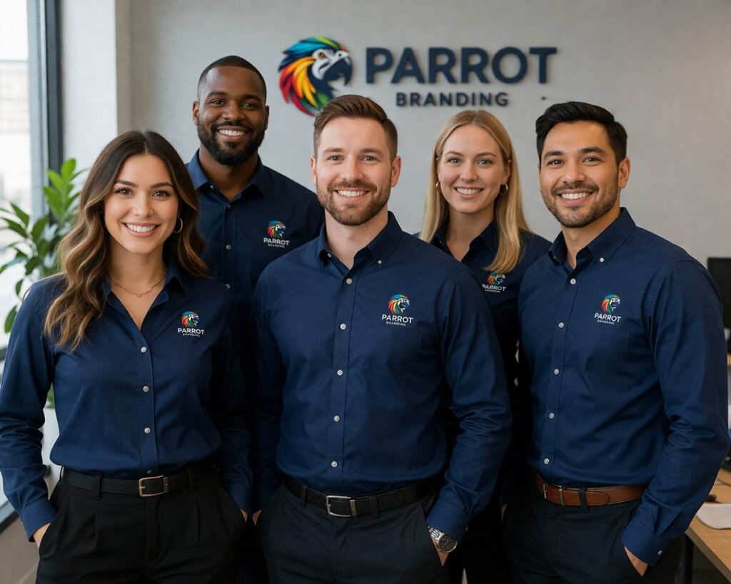Parrot Branding team wearing white collared shirts with colorful parrot logo in a modern office setting