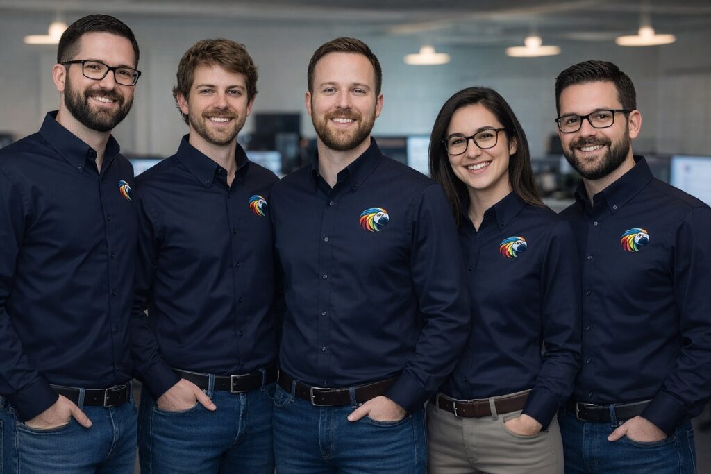 Team of web developers wearing fitted navy collared shirts with Parrot Branding logo in a modern office