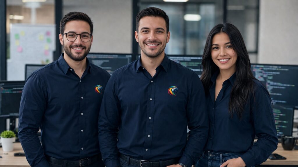Professional web development team in modern office wearing business casual attire with laptops and code screens