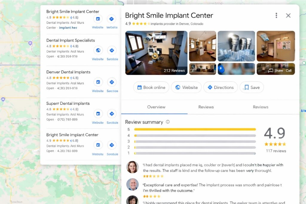 Google reviews and ratings for a dental implant practice showing high patient satisfaction.