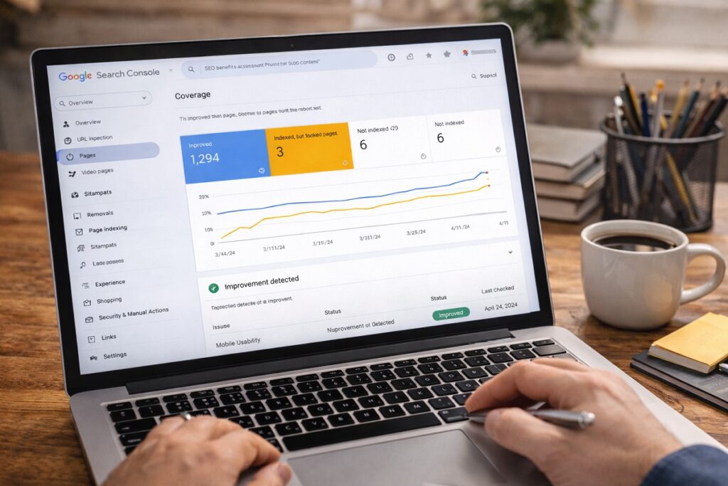 Google Search Console dashboard showing improved crawl efficiency and increased indexed pages after blog content pruning