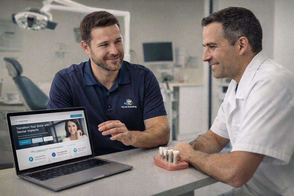 Parrot Branding marketing specialist reviewing a dental implant website strategy with a dental implant dentist.
