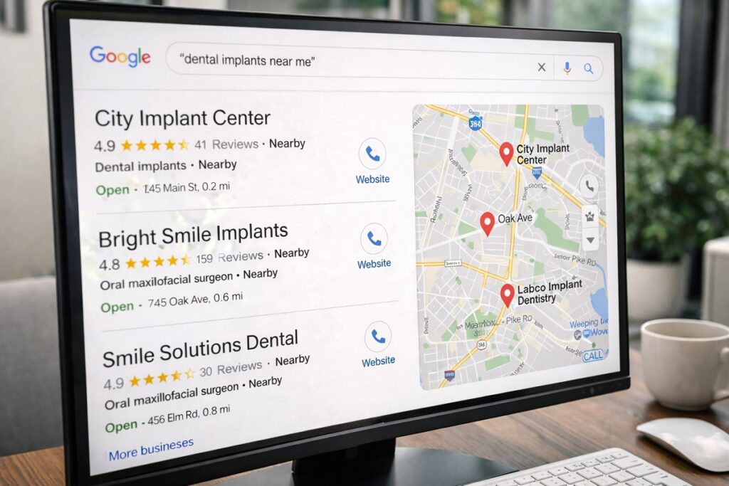 Google Maps dental implant search results showing local implant dentists and map listings