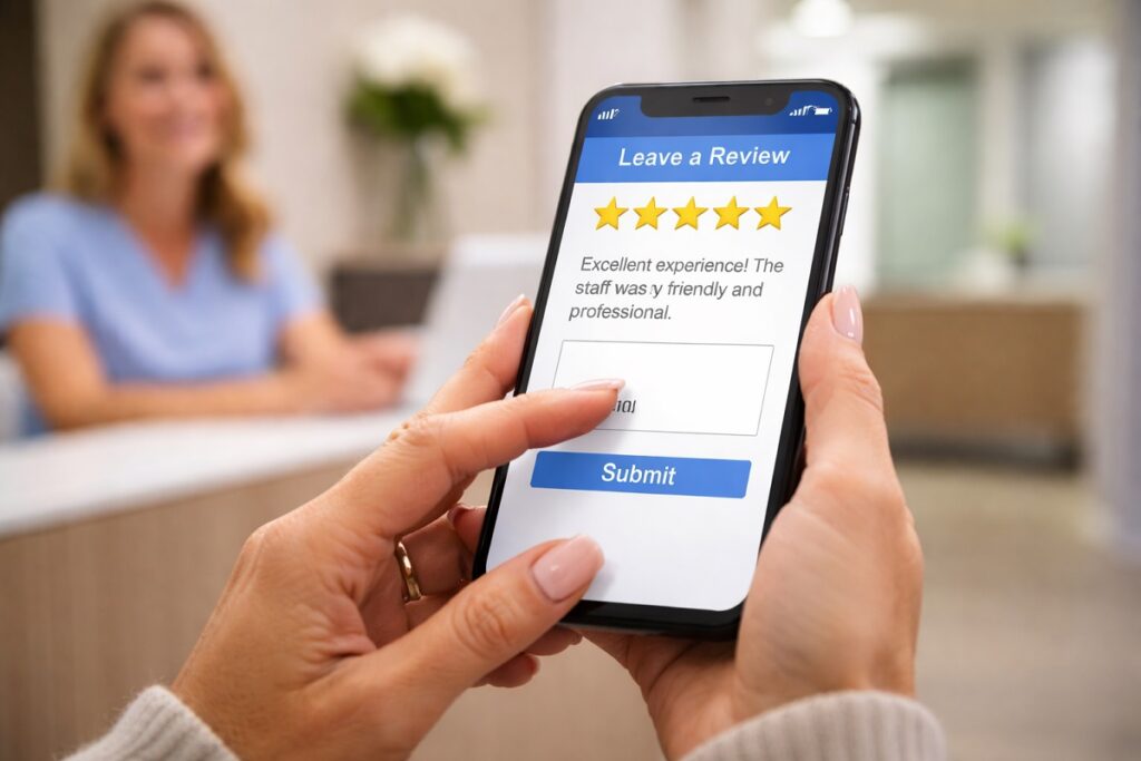 Patient leaving a positive dental implant review on smartphone showing five star rating and feedback