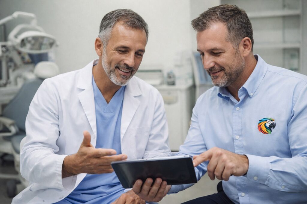 Dental implant dentist reviewing treatment strategy on a tablet with a marketing consultant wearing a Parrot Branding logo shirt inside a modern dental clinic.